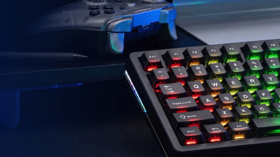 Clavier gaming Epomaker HE75 V2 avec rétroéclairage RGB multicolore actif et manette de jeu en arrière-plan.