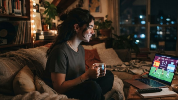 Jeune femme regardant un match Espagne-Argentine sur ordinateur portable dans un salon cosy en soirée.