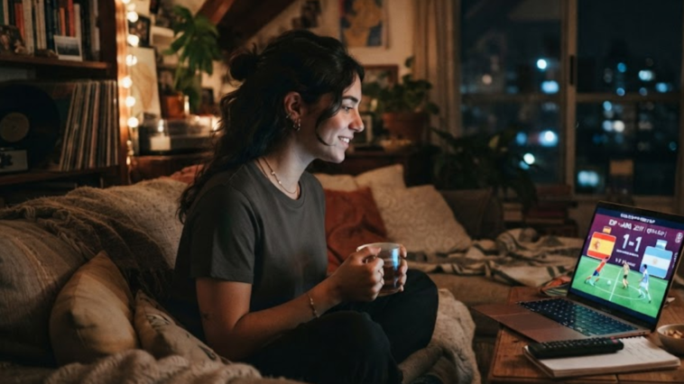 Jeune femme regardant un match Espagne-Argentine sur ordinateur portable dans un salon cosy en soirée.