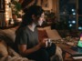 Jeune femme regardant un match Espagne-Argentine sur ordinateur portable dans un salon cosy en soirée.