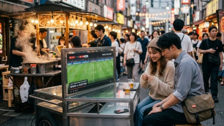 Action de jeu intense lors d'un match de football entre l'Espagne et l'Autriche, avec un tacle sous la pluie.