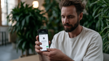 Jeune homme affichant l'écran de son smartphone et une interface pour modifier le mot de passe