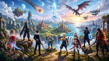 Un rassemblement de protagonistes de Final Fantasy se tenant sur une falaise devant un vaste royaume magique.