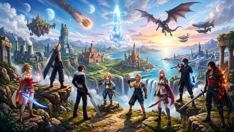 Un rassemblement de protagonistes de Final Fantasy se tenant sur une falaise devant un vaste royaume magique.