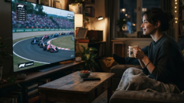Femme regardant le Grand Prix de Formule 1 de Hongrie sur grand écran dans un salon chaleureux.