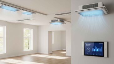 Intérieur moderne avec des diffuseurs de ventilation au plafond et un boîtier numérique mural contrôlant la qualité de la pièce.