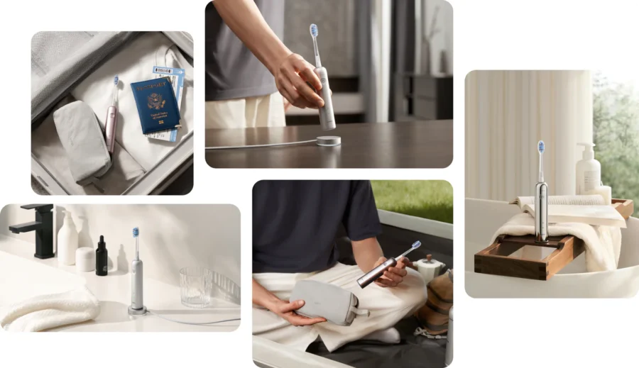 Collage photo de la brosse à dents électrique Laifen Wave Pro en voyage et en usage quotidien.