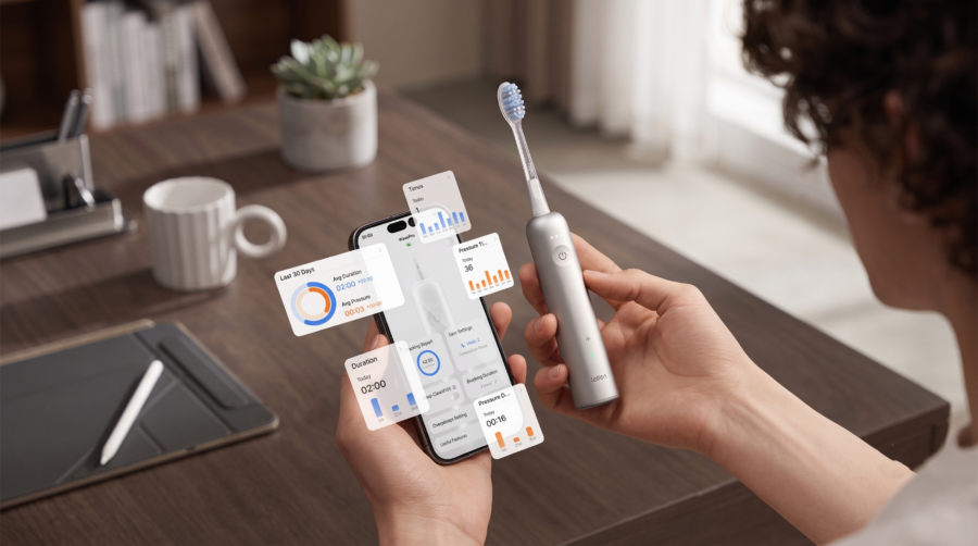 Aperçu de l'application mobile Laifen Wave Pro affichant des données et graphiques de brossage détaillés à côté de la brosse à dents.