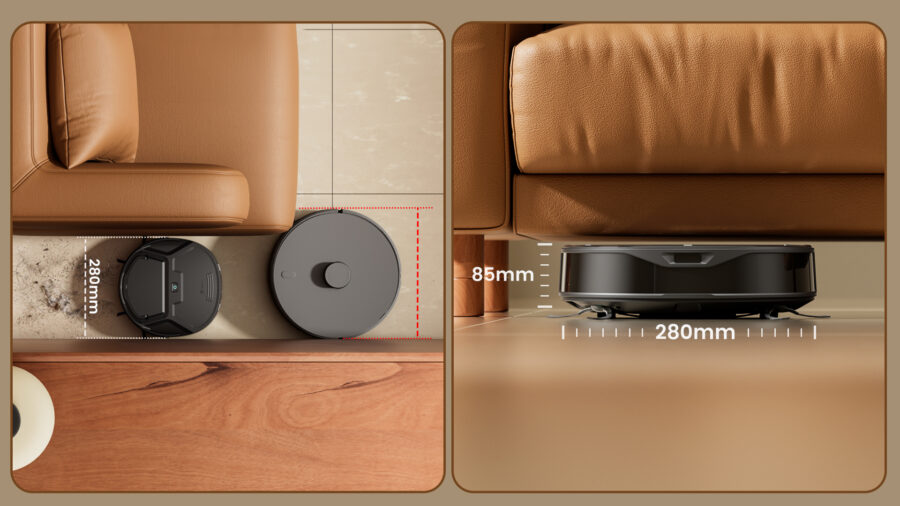 Dimensions ultra-compactes du robot aspirateur Lefant M210 OMNI passant sous un canapé.