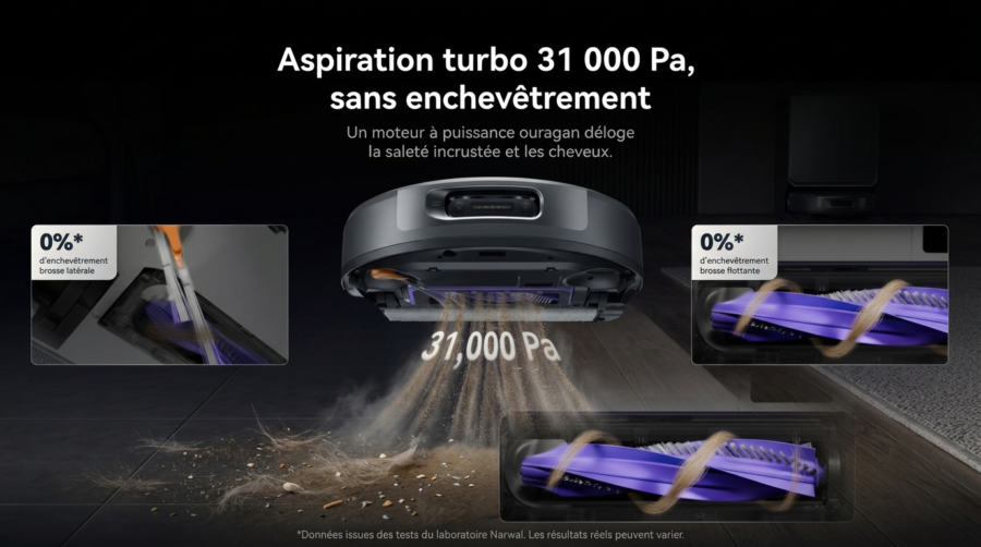 Système d'aspiration de 31 000 Pa et brosse anti-enchevêtrement du Narwal Flow 2.