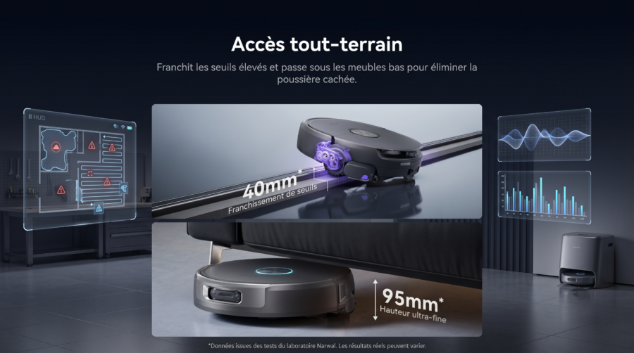 Le robot Narwal Flow 2 franchissant un seuil de 40 mm et passant sous un meuble bas.