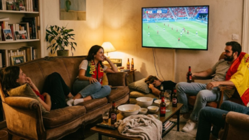 Amis regardant un match de football entre le Portugal et l'Espagne confortablement installés dans un salon.