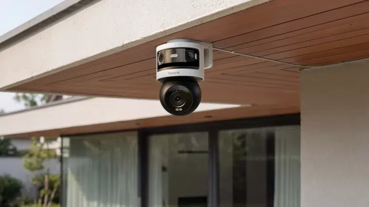 Photo de la caméra de surveillance multi-objectifs Reolink OMVI 3i WiFi installée sous l'auvent d'une maison moderne.