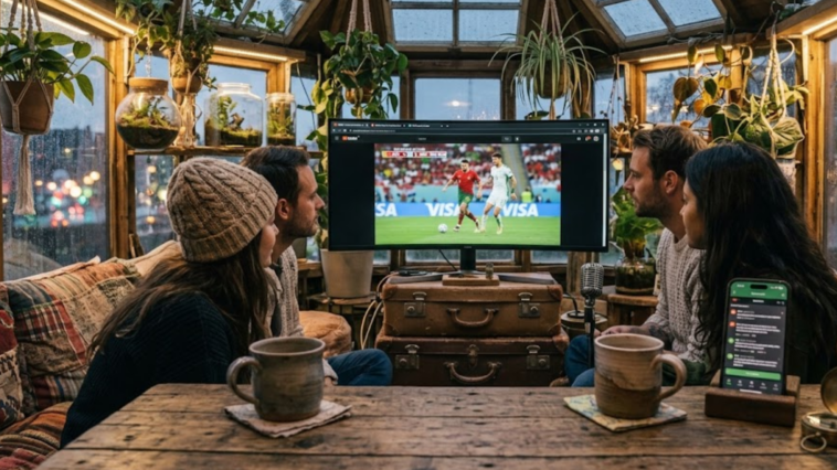 Groupe d'amis regardant un match de football entre la Suisse et l'Algérie sur un écran dans une véranda remplie de plantes