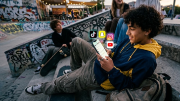 Jeune homme souriant sur des marches de skatepark, entouré d'icônes d'applications sociales (TikTok, Snapchat, Instagram, YouTube)