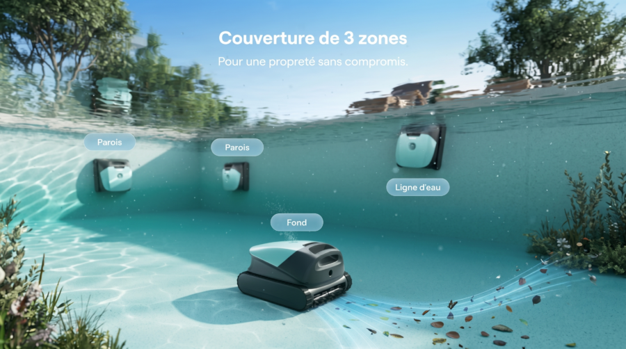 Robot piscine sans fil Beatbot Sora 10 nettoyant le fond, les parois et la ligne d'eau.