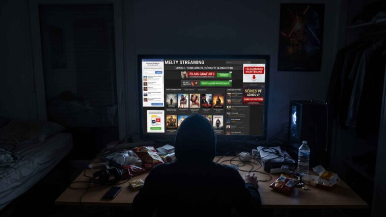 Un bureau désordonné avec un ordinateur affichant un site de streaming de films, entouré de snacks, de câbles et d'un poster.