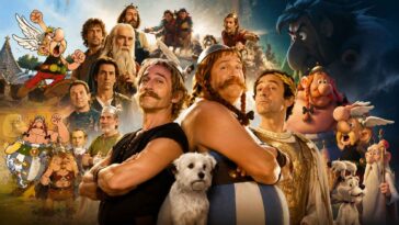 Montage dynamique avec acteurs et personnages dessinés d'Astérix et Obélix entourés d'un casting nombreux pour "L'Empire du Milieu".