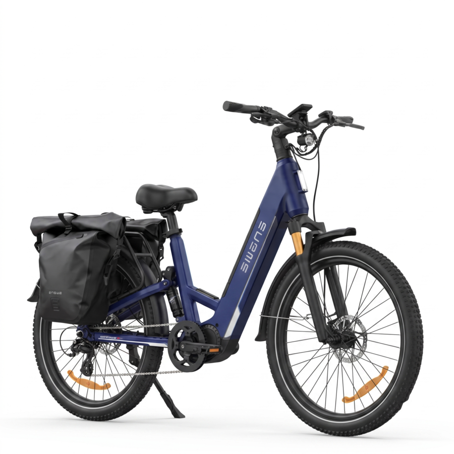 Vélo électrique ENGWE bleu avec sacoches sur porte-bagages.