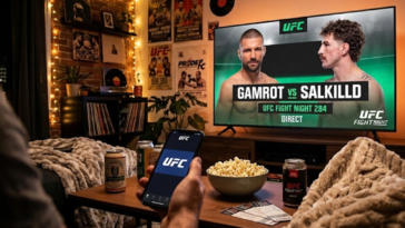 Diffusion en direct du combat Gamrot vs Salkilld UFC Fight Night 284 sur TV dans un salon chaleureux