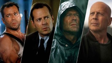 Un assemblage de quatre photos de Bruce Willis, illustrant ses transformations pour des rôles d'action et dramatiques emblématiques.