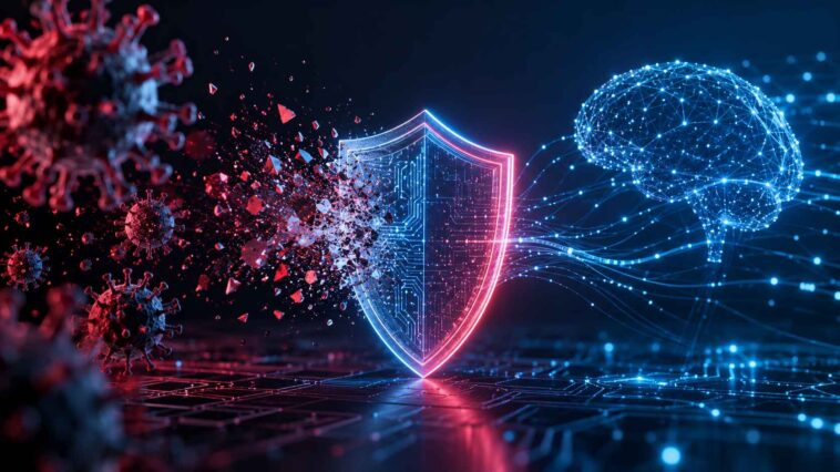 Des virus rouges se brisent contre un bouclier numérique central, tandis qu'un cerveau d'IA bleu se connecte à droite.