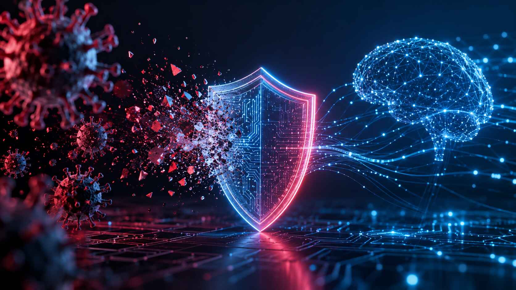 Des virus rouges se brisent contre un bouclier numérique central, tandis qu'un cerveau d'IA bleu se connecte à droite.