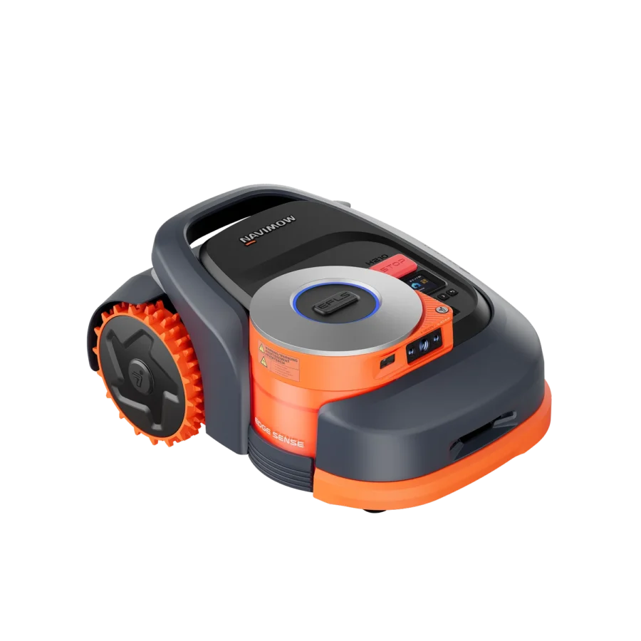 Robot tondeuse Navimow H210 gris et orange avec système EFLS Vision + LiDAR.