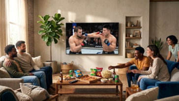 Groupe d'amis regardant le combat de MMA UFC Nurmagomedov vs Song sur un grand écran dans un salon moderne.