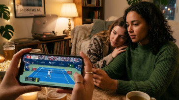 Personnes regardant le tennis Open du Canada 2026 sur un smartphone dans un salon chaleureux