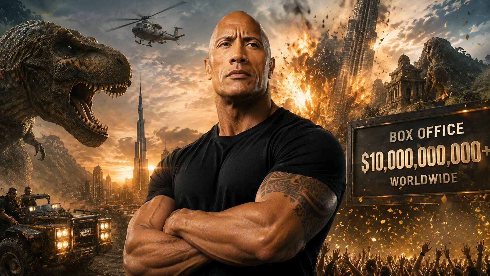 Portrait central de Dwayne Johnson bras croisés, flanqué d'un T-Rex et d'explosions, avec un panneau affichant un record box-office.