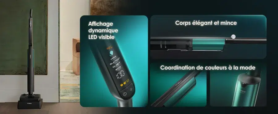 Écran LED et détails du Tineco i7 Fold.