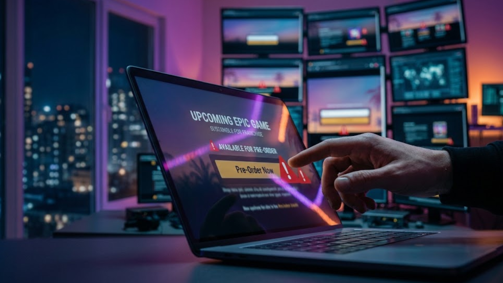 Main sur un ordinateur portable sur le point de cliquer sur une précommande de jeu vidéo frauduleuse.