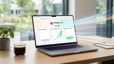 Ordinateur portable sur un bureau moderne affichant le navigateur Firefox 156 et ses graphiques de performances avec effets de vitesse.