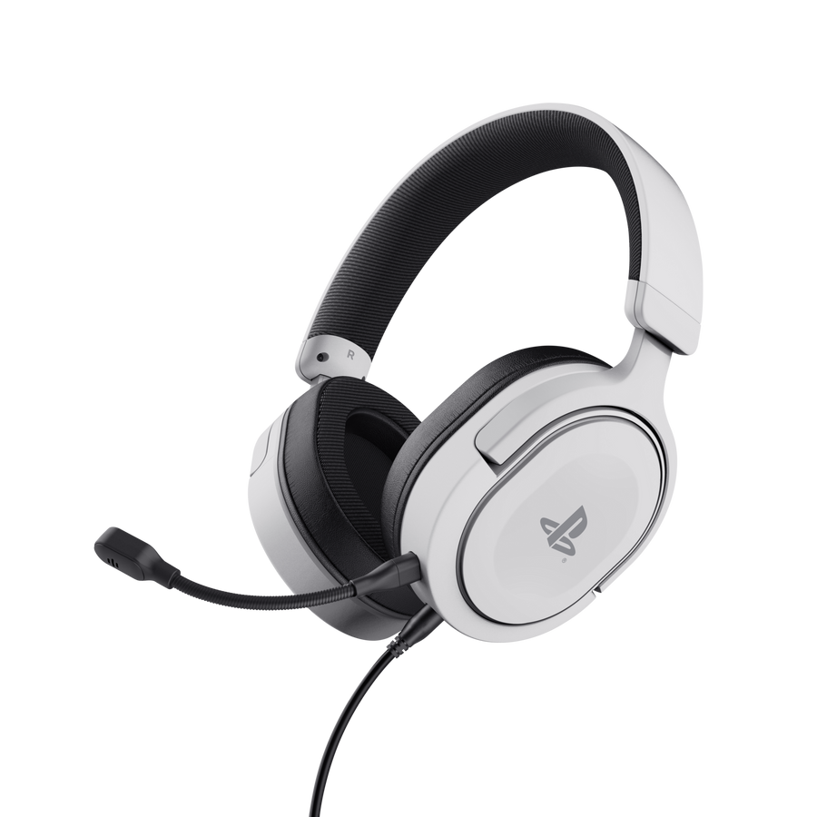 Présentation sur fond blanc du casque filaire pour PS5, le GXT 498W Forta de la marque Trust.