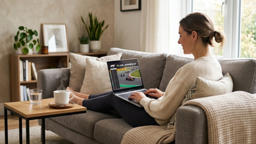 Une femme regarde un Grand Prix de Formule 1 en direct sur son ordinateur portable dans un salon moderne.