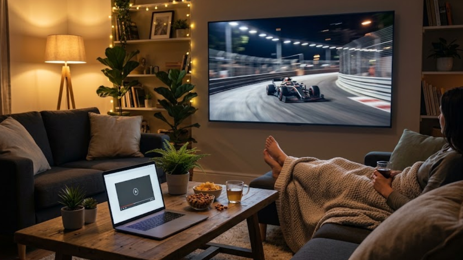 Personne installée dans un salon chaleureux devant une course de Formule 1 diffusée sur grand écran TV, un ordinateur portable ouvert sur la table basse.