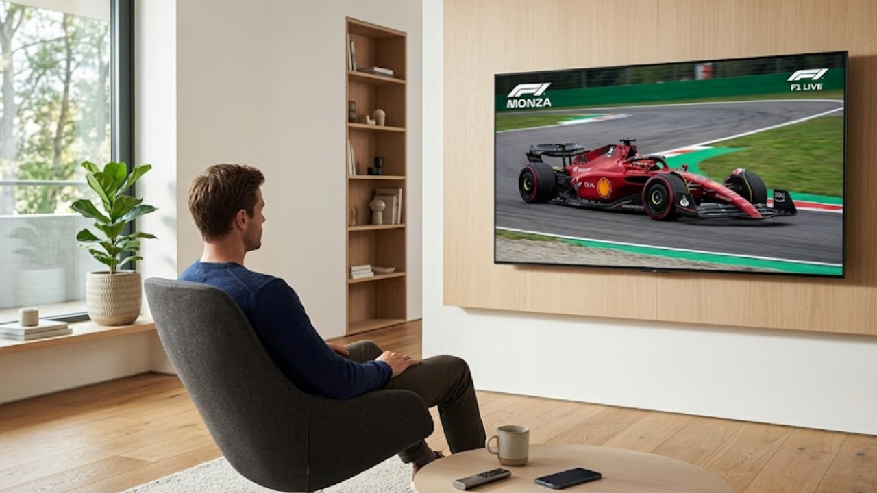 Homme regardant la Formule 1 en direct sur une TV dans un salon moderne, diffusion du Grand Prix d'Italie à Monza avec une Ferrari rouge.