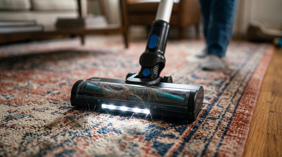 Gros plan sur la tête de l'aspirateur balai Levoit LVAC-300 PET pour enlever des poils d'animaux.