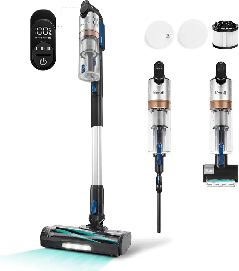 Présentation sur fond blanc de l'aspirateur balai Levoit LVAC-300 PET.