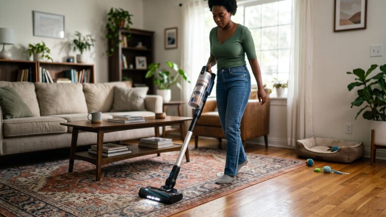Une femme noire qui porte un haut vert et un pantalon jean utilise l'aspirateur balai LVAC-300 PET de la marque Levoit pour nettoyer son séjour.