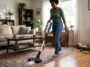 Une femme noire qui porte un haut vert et un pantalon jean utilise l'aspirateur balai LVAC-300 PET de la marque Levoit pour nettoyer son séjour.