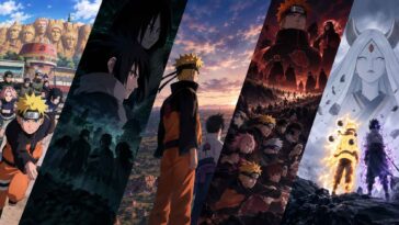 Collage stylisé divisé en diagonales illustrant la croissance de Naruto, ses amitiés et ses combats contre Pain et Kaguya.