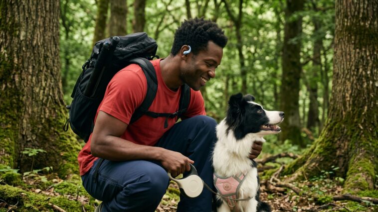 Un homme portant les écouteurs Shokz OpenFit Air 2, avec son chien en forêt, souriant à l'animal.