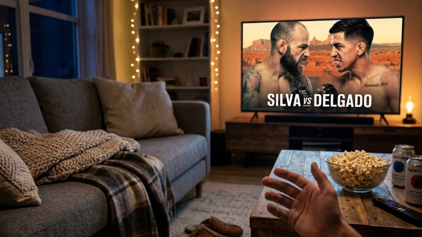 Diffusion du combat UFC Silva vs Delgado dans un salon moderne.