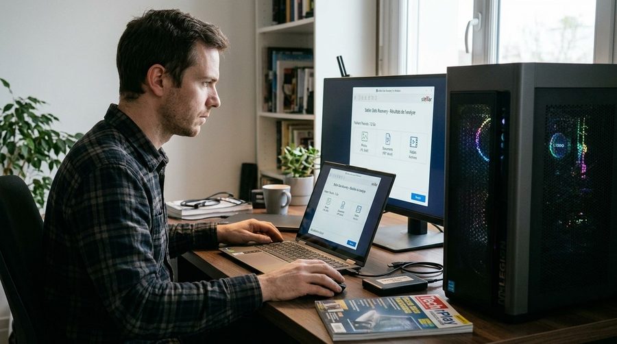 Utilisation de Stellar Data Recovery sur un laptop et un ordinateur de bureau.