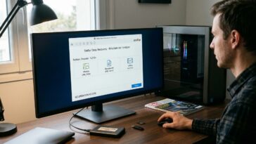 Moniteur d'un ordinateur de bureau qui affiche l'interface fictive du logiciel Stellar Data Recovery.