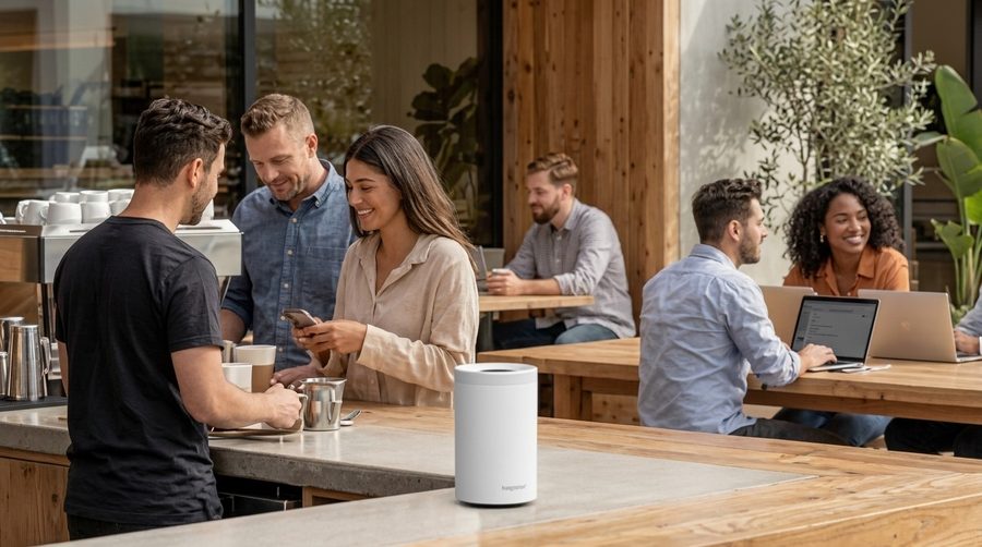Le TP-Link Deco BE25-5G qui sert de routeur principal dans un café.
