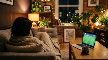 Personne relaxée sur un canapé regardant un match de football en streaming sur ordinateur dans un salon chaleureux.