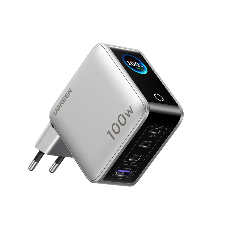 Présentation du chargeur UGREEN Nexode Pro 100W sur un fond blanc.